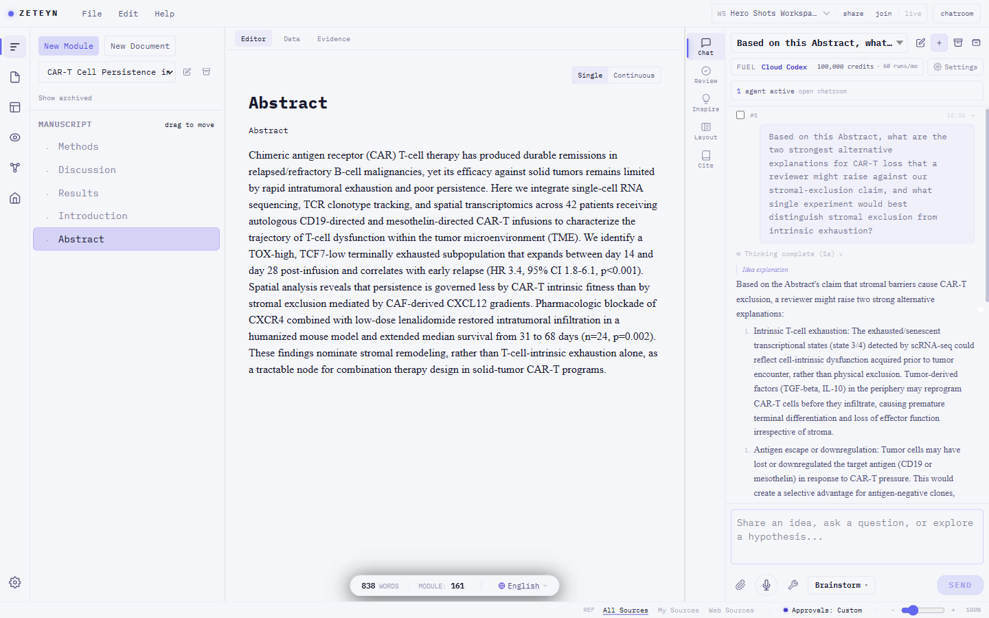 Module tree, manuscript editor, and Brainstorm chat working on a CAR-T immunotherapy paper