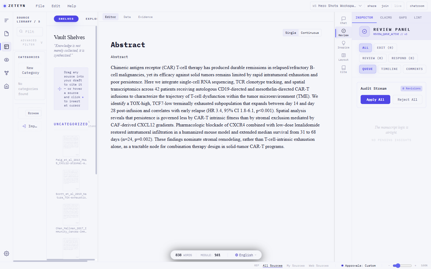 Evidence Vault with real citations, the manuscript, and the Inspector panel