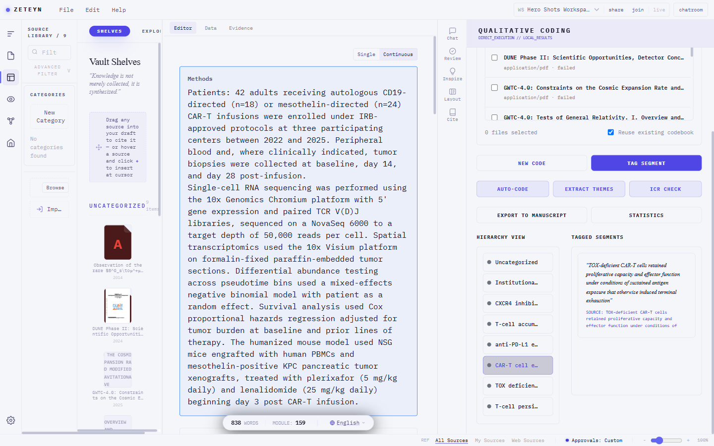 Evidence Vault, manuscript, and qualitative coding of interview segments