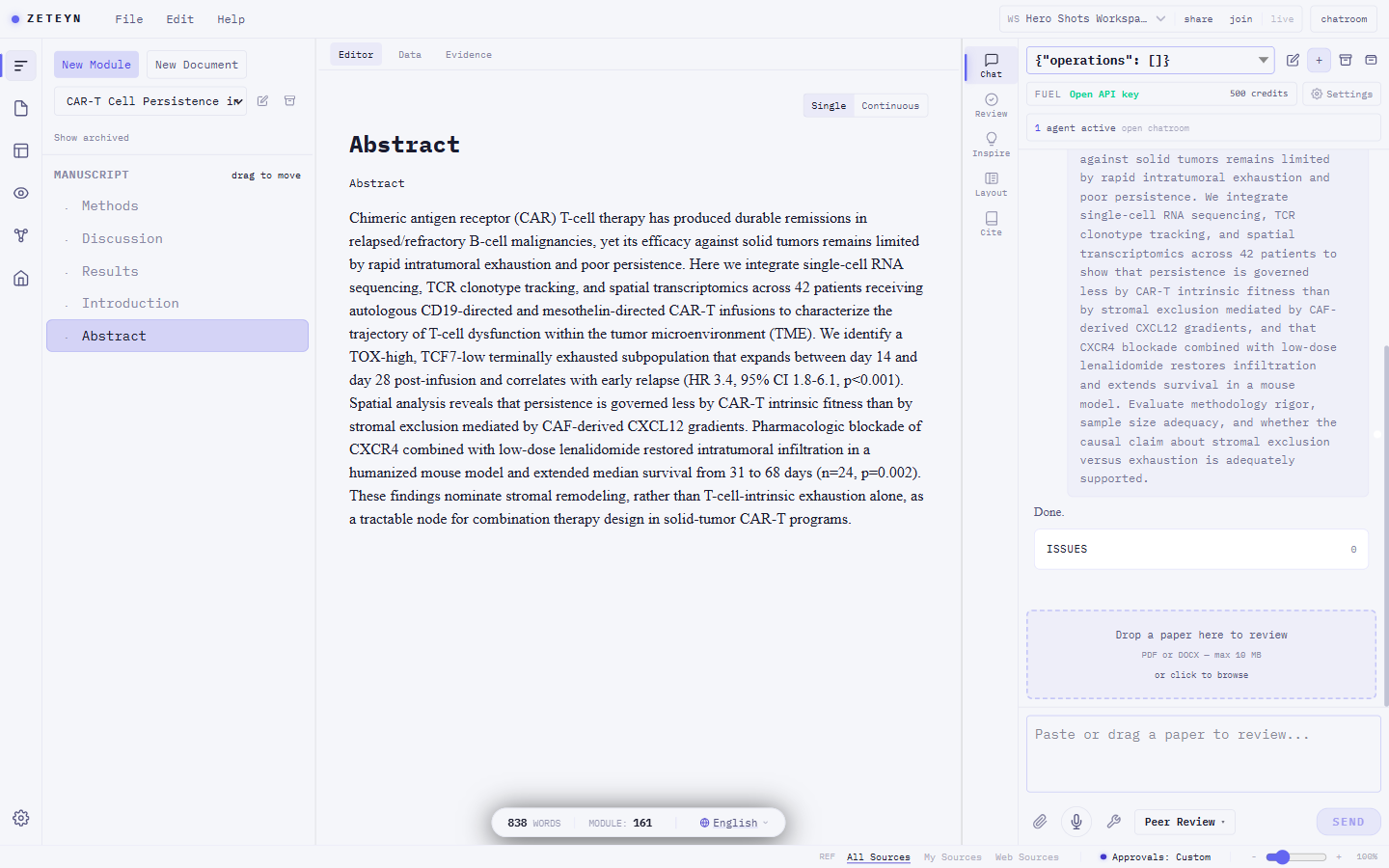 Module tree, manuscript, and Peer Review mode chat