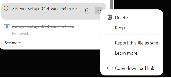 Browser download menu Keep button