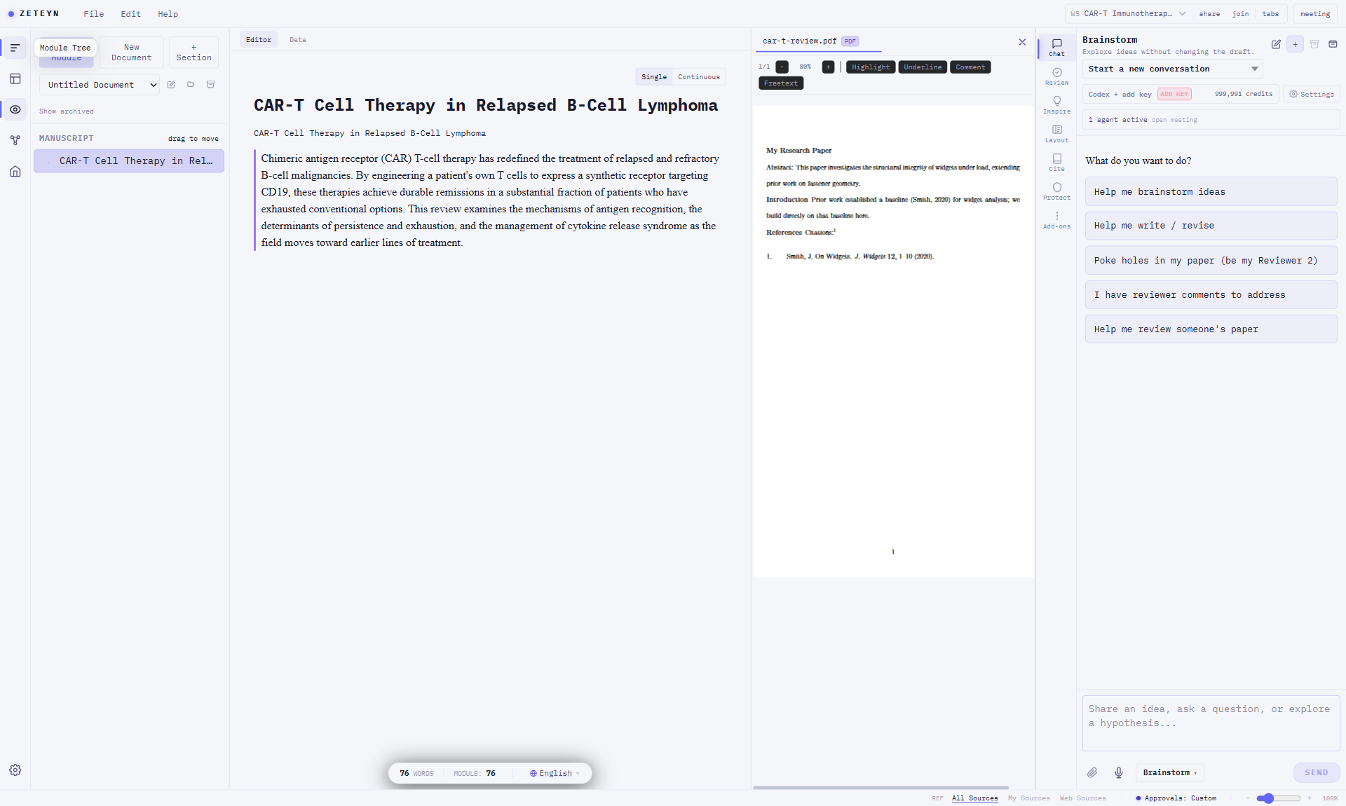Zeteyn four-zone workspace: sources on the left, editor in the center, viewer for reading, assistant on the right